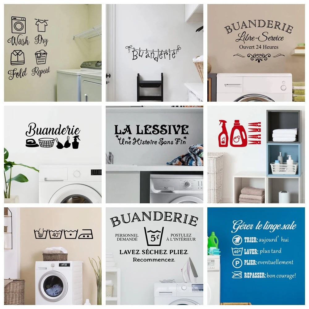 autocollants murals buanderie machines laver sèche linges graphiques français adhésifs
