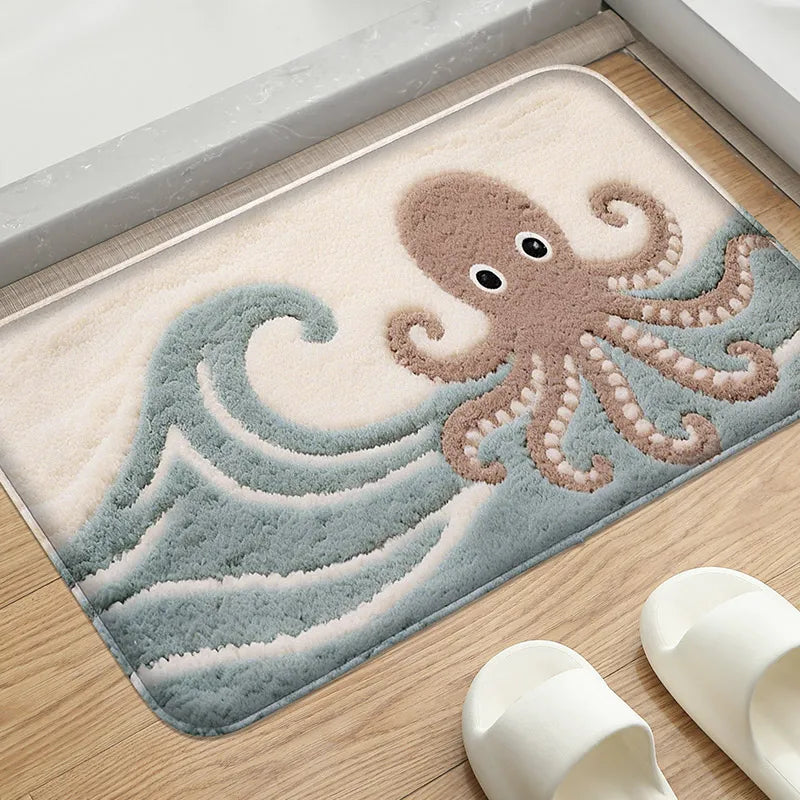 tapis bain poissons coraux anti dérapant absorbant moderne blanc gris beige