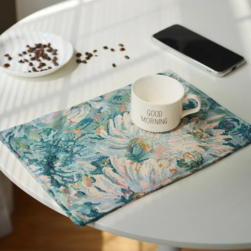 serviette table vintage fleurie polyestercoton couleurs vrb blanc tasse good morning