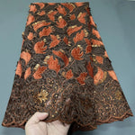 tissu dentelle violet noir rose fleurs feuilles paillettes broderie cérémonie mariage haut qualité 130cm