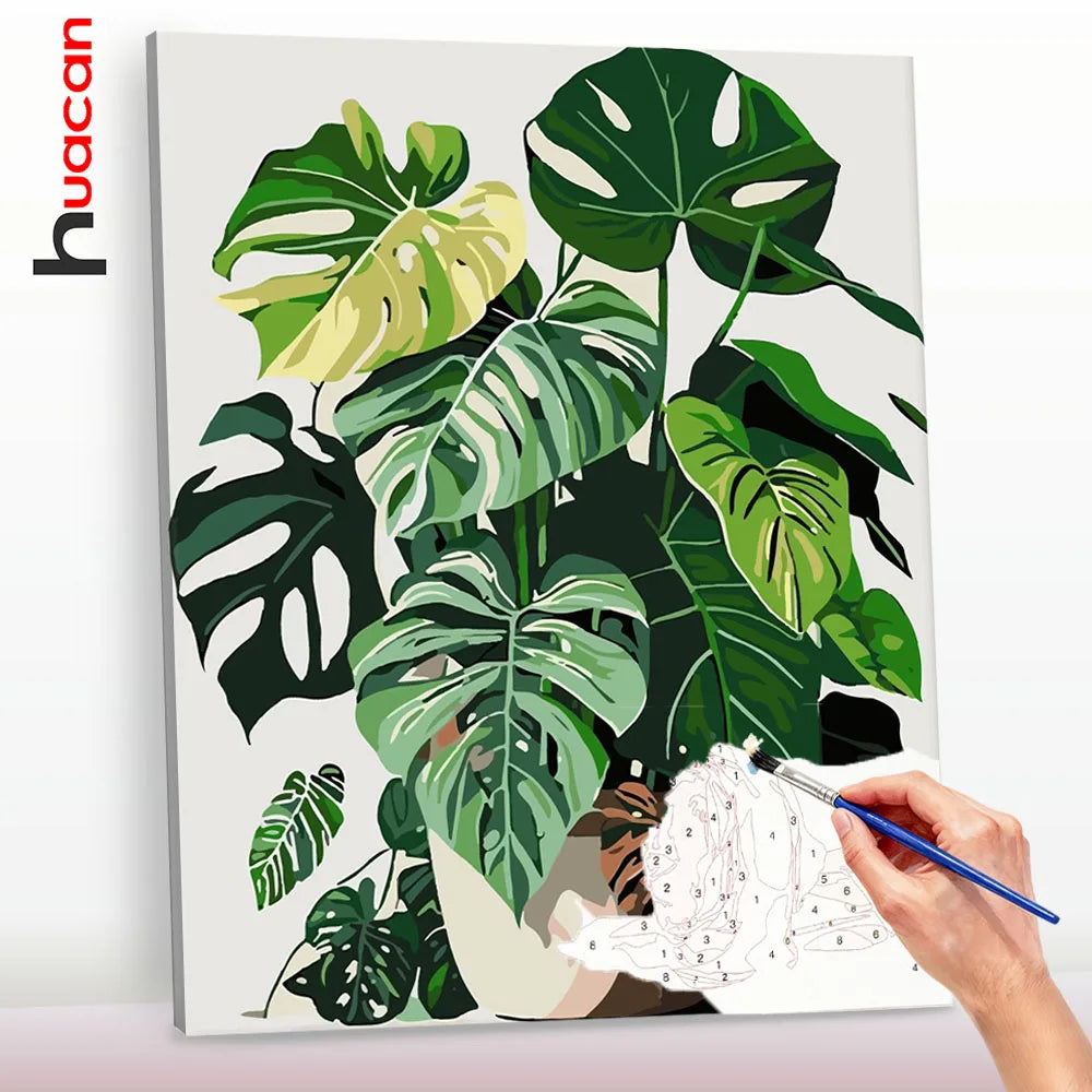 toile peinte diy feuilles plante moderne verte blancs gris decoration kit novice