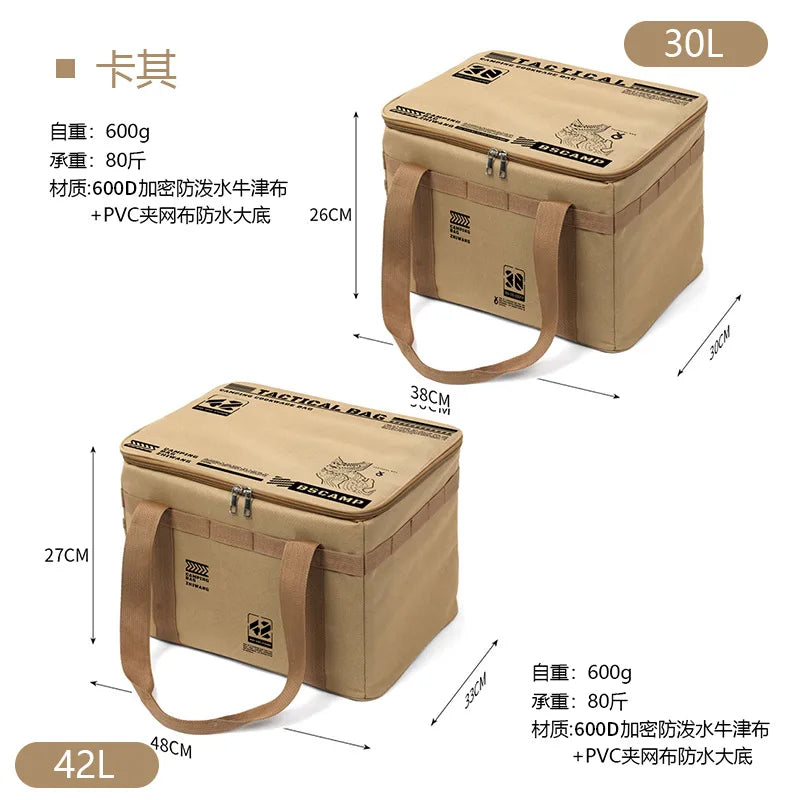 Sac outils camping khaki cartographique 30L 42L poignées cuir intérieur organisateur