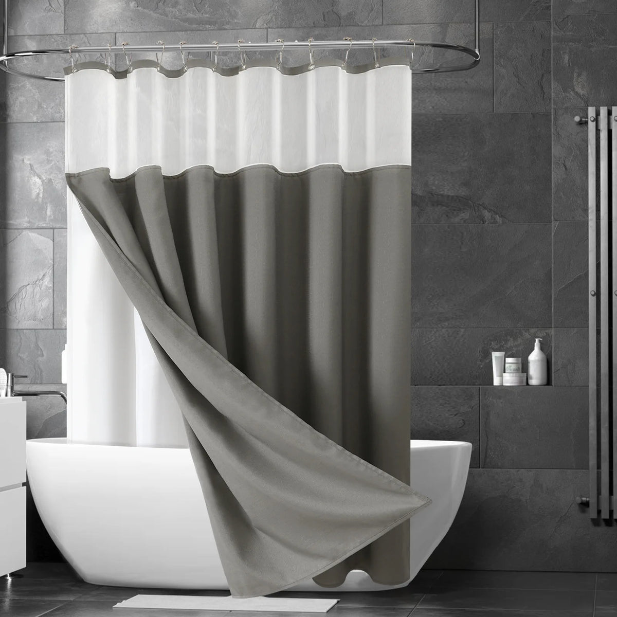 rideau douche moderne bleu clair imperméable double couche anneaux inox blanc opaquet gouttes d'eau