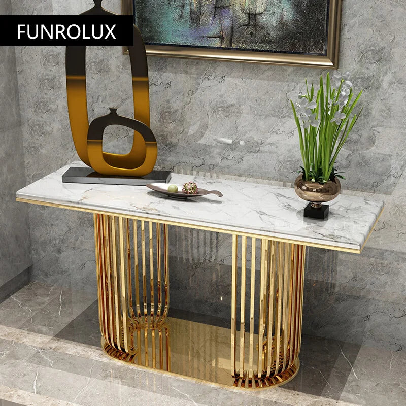 table console moderne blanche marbre doré structure métal élégante contemporain