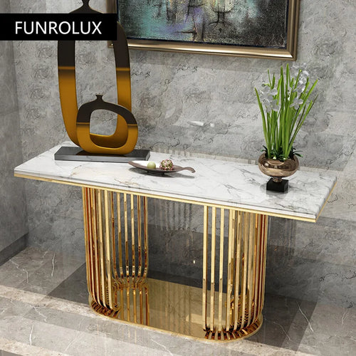 table console moderne blanche marbre doré structure métal élégante contemporain