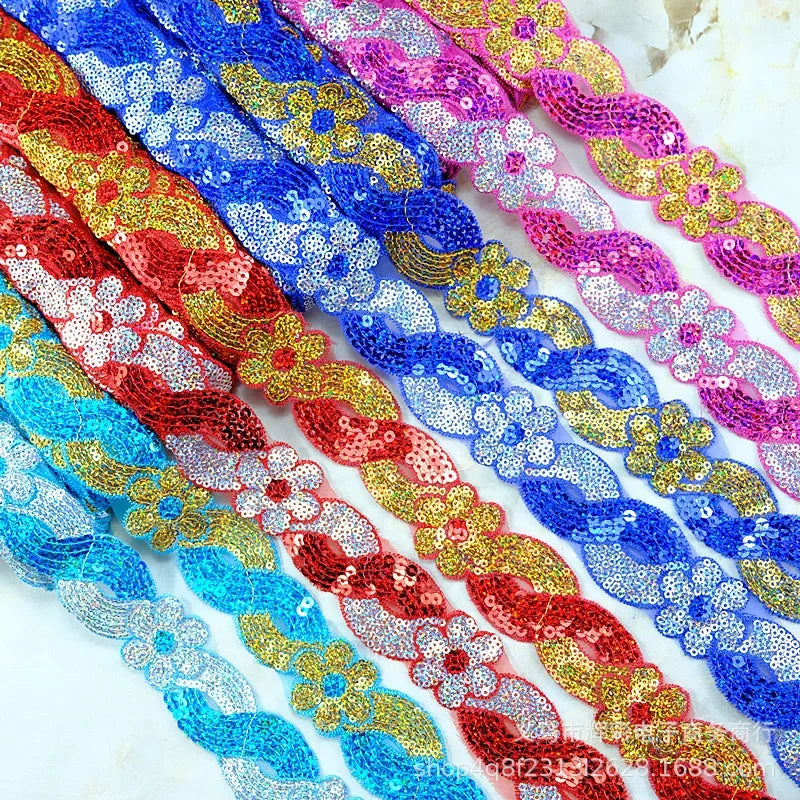 ruban décoratif dentelle sequins fleurs 4cm bleu vert rouge rose or argent partie