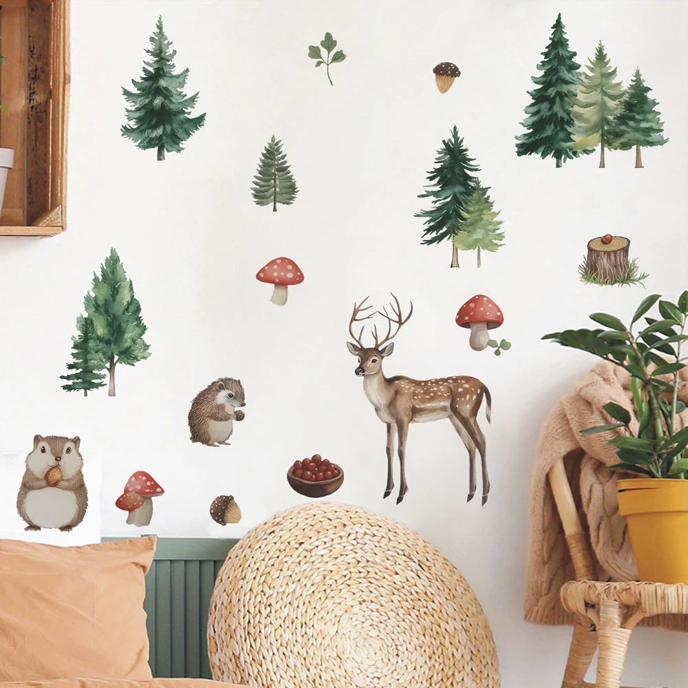 sticker mural forêt animaux aquarelle chambre enfants pins écureuils cerfs champignons vert marron rouge