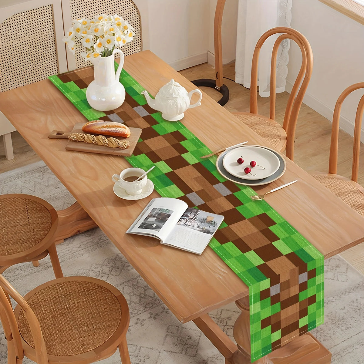 tapis table jeu vidéo pixel art moderne vert marron gris blocs décoration
