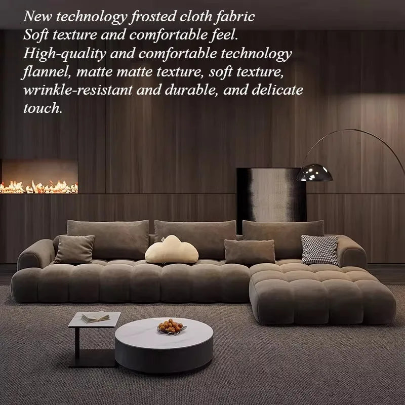 canapé moderne marron clair velours forme 300cm salon bois minimaliste coussins cœur