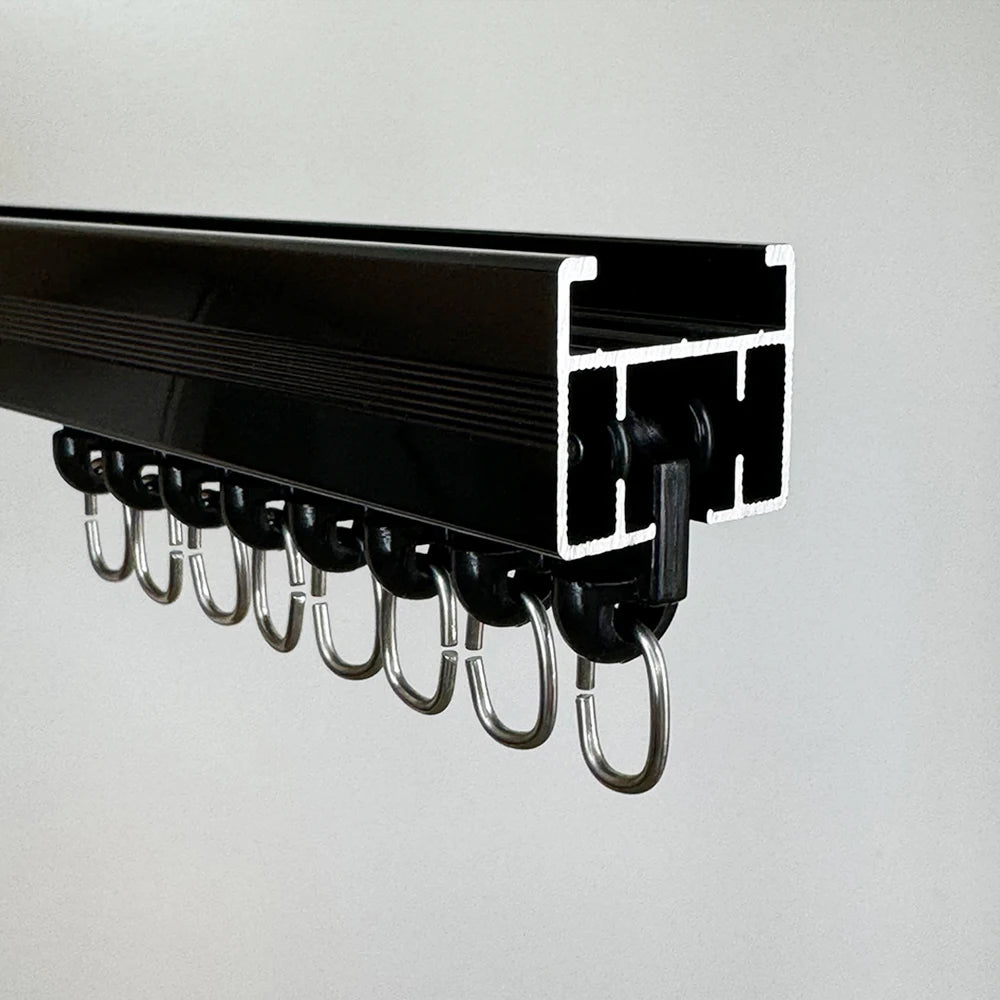 rideau électrique rail noir poulies patins accessoires tringle moderne anneaux métalliques fixations