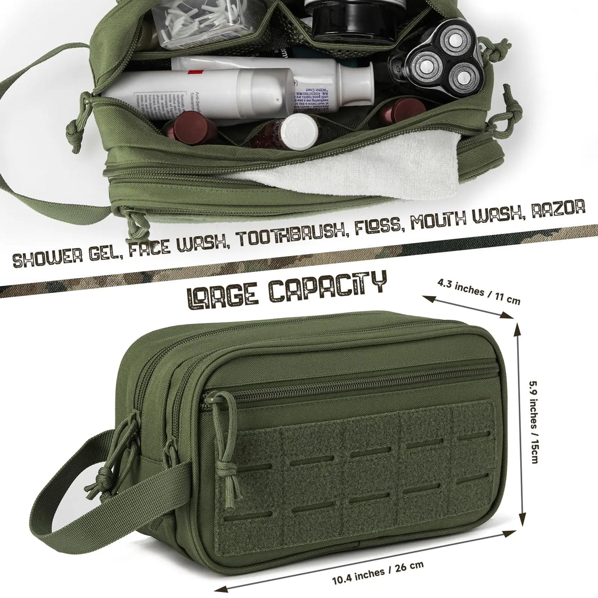 sac toilette vert olive militaire poignée amovible poches maille compartiment étanche 200ml rechargeable durable