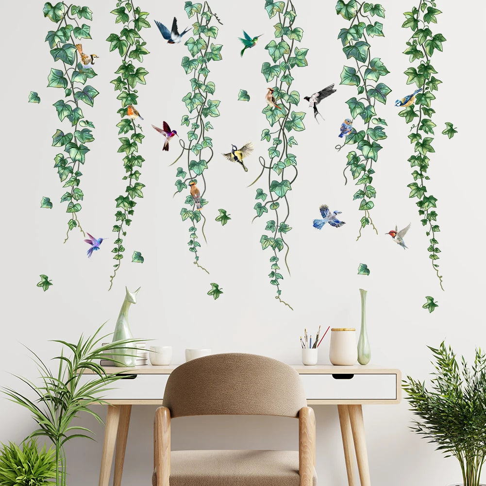 stickers muraux oiseaux lierre aquarelle naturels chambre enfants decoration murale adhésifs variés couleurs bleu