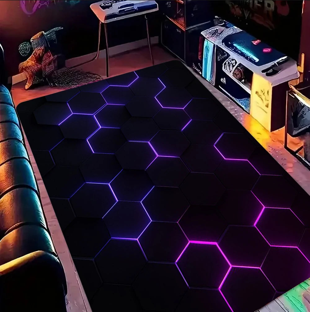 tapis salon moderne noir motif hexagones lumineux décoration chambre gaming intérieur géométrique