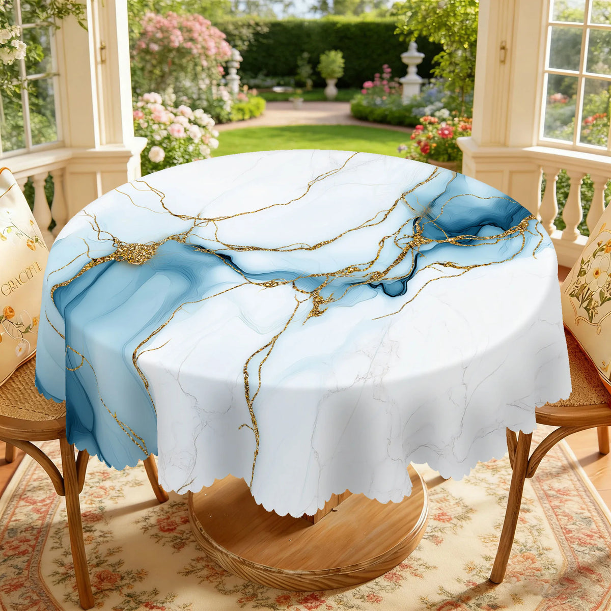 nappe table marbre doré bleu clair moderne élégante imperméable huile extérieure mariage festivité