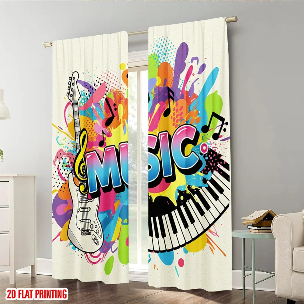 rideau moderne multicolore graphique notes musique opacité 100% polyester deux panneaux vibrant pop art