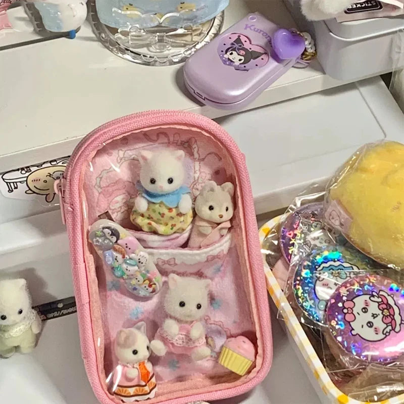porte clés animaux mignons figurines sacs transparents kawaii clips collection badges gris rose bleu