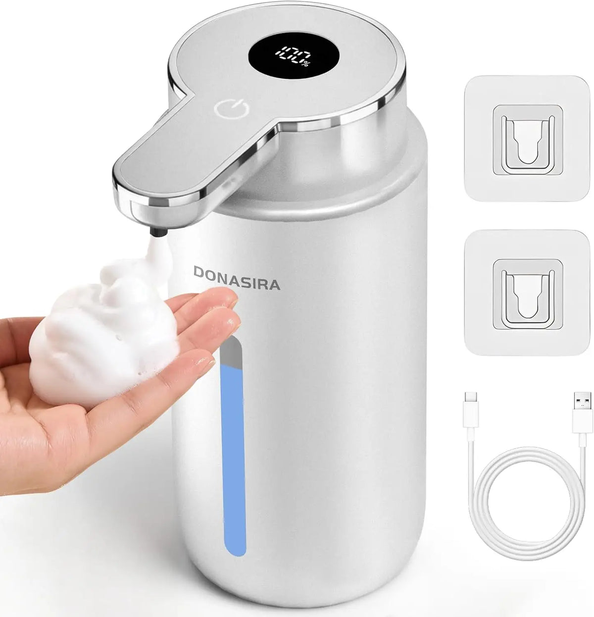 distributeur savon automatique blanc moderne mousse liquide tactile numerique rechargeable echangement flacons