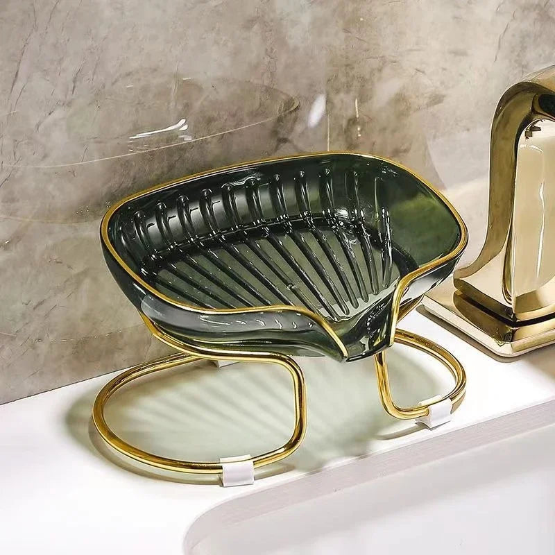 support savon moderne élégant vert doré rayures verticales clips salle bains organisateur éponge