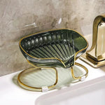 support savon moderne élégant vert doré rayures verticales clips salle bains organisateur éponge