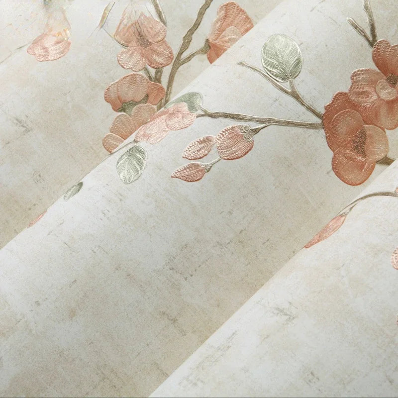 papier peint floral tissu relief beige vert rose chambre salon vintage shabby chic