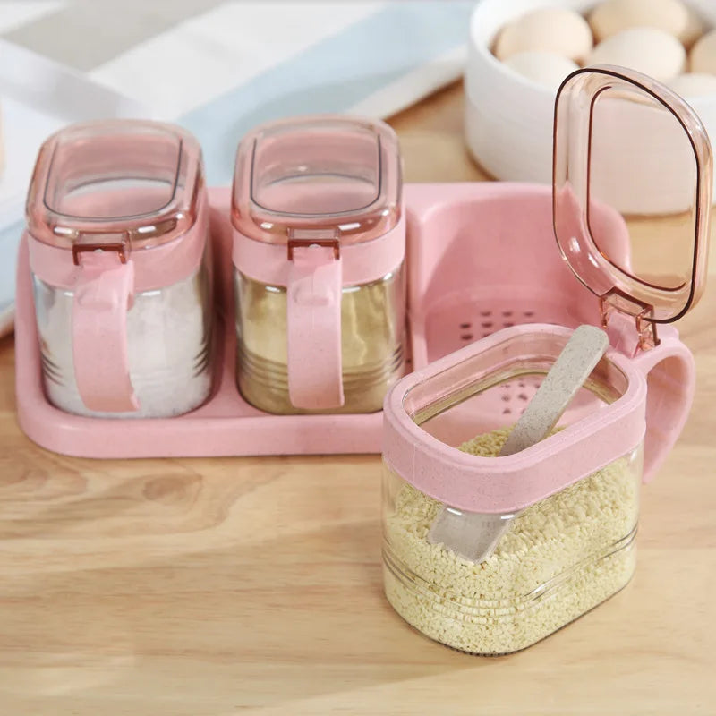 boîtes épices transparentes verre moderne rose verte bleu poignées couteau service herbes condiments cuisine