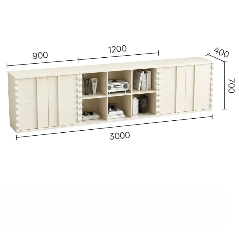 meuble rangement moderne bois blanc salon minimaliste livres vinyle vase lampe photo tapis