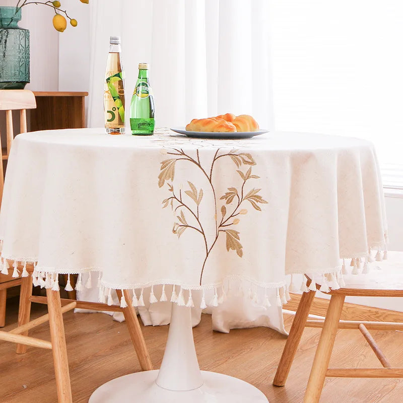 nappe table lin broderie végétale feuilles branches tassellettes classique beigeclair réutilisable machineextérieurhôtelmarriages
