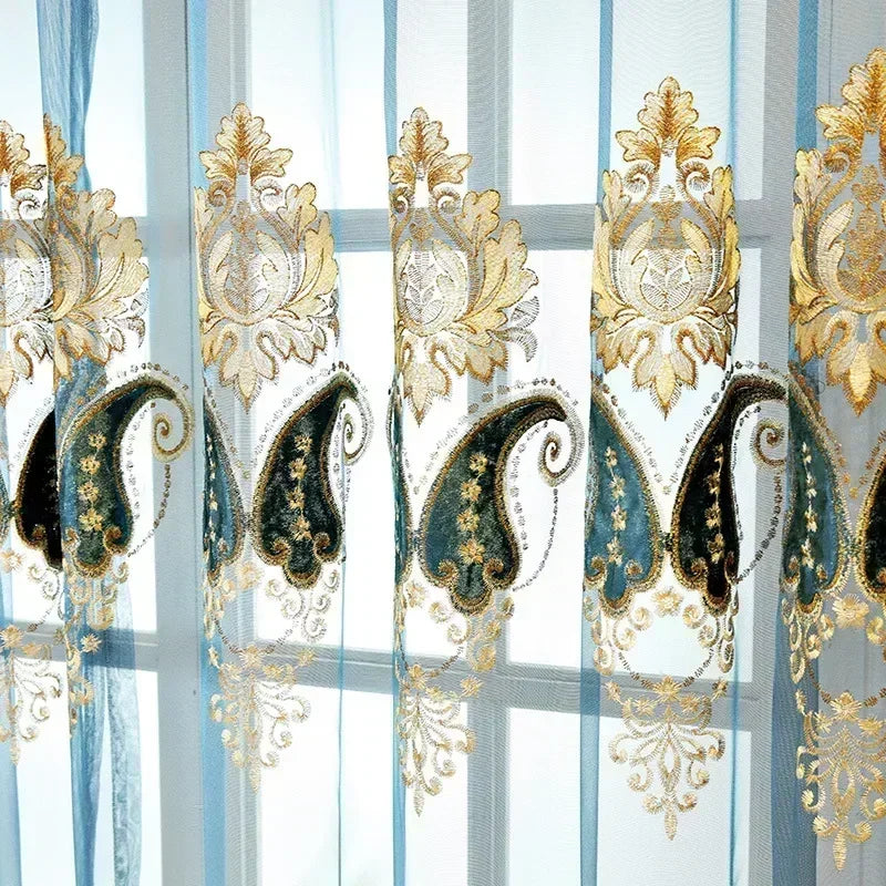 rideau brodé floral bleu clair élégant résistant l’eau fenêtre française transparent tulle