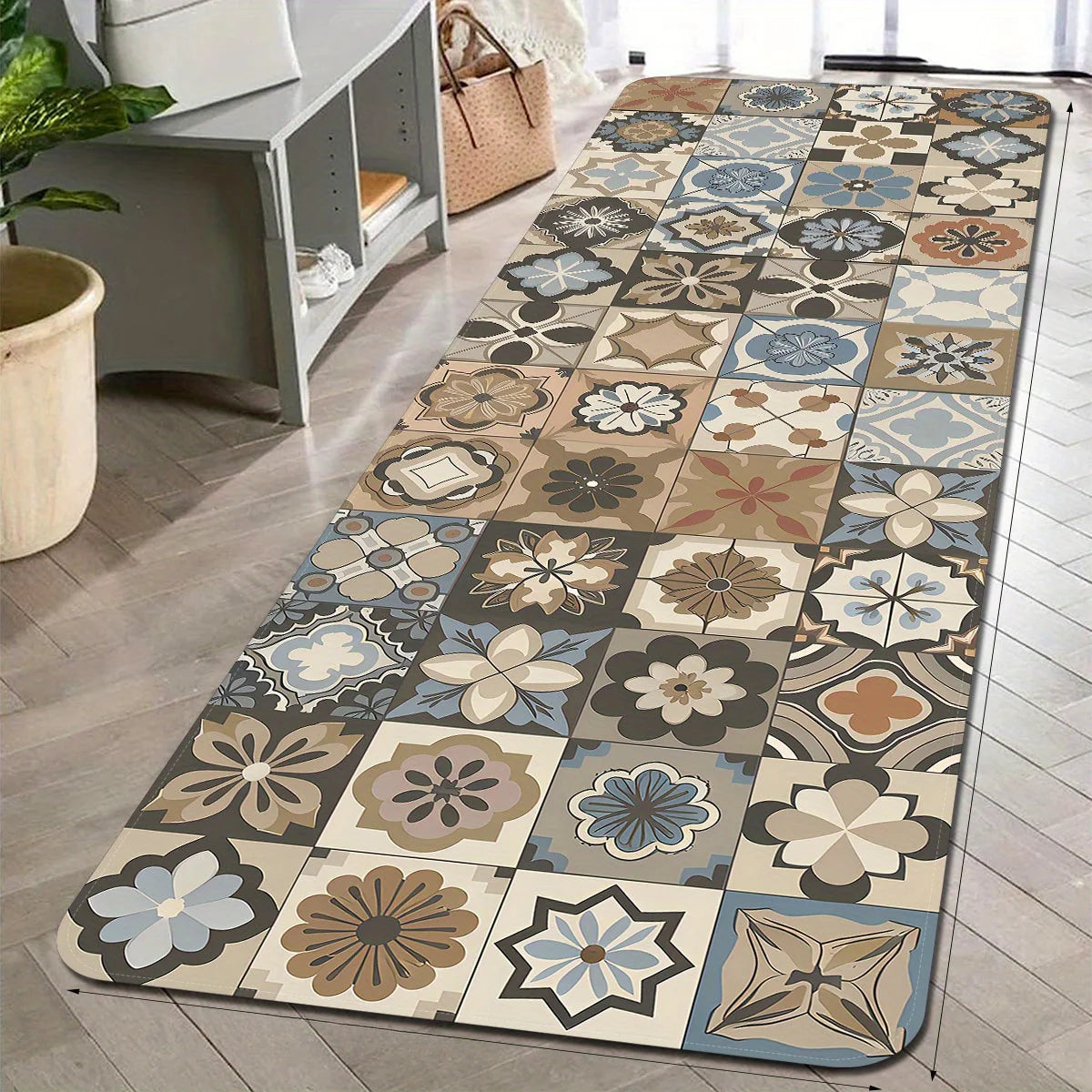 tapis sol anti fatigue imperméable patchwork floral moderne beige gris bleu marron noir résistant