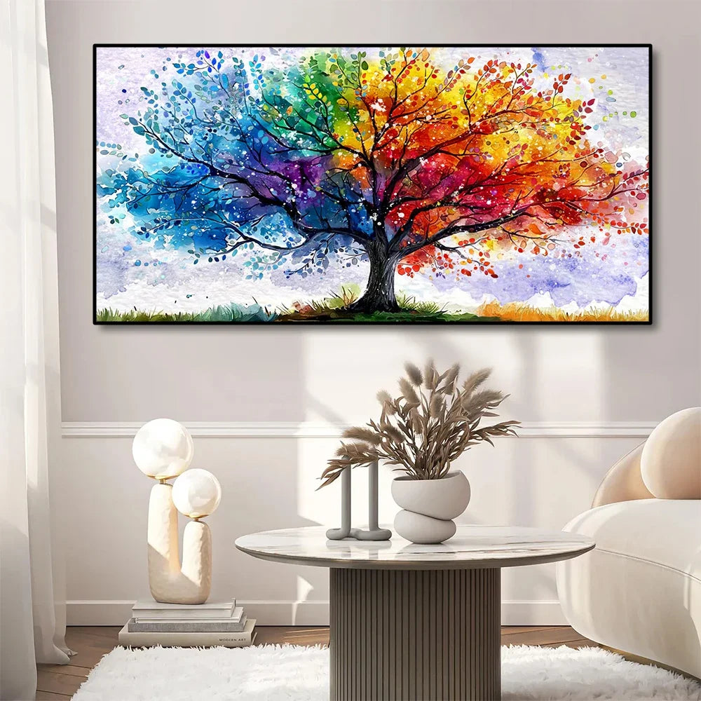 tableau abstrait moderne multicolore arbre fleurs paysage toile sans cadre décoration intérieure salon horizontal