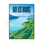 Paysage idyllique avec un lac bleu clair, des montagnes verdoyantes et des voiliers sur l'eau, avec un slogan français "Aix les Bains" affiché en grand au-dessus de la scène.