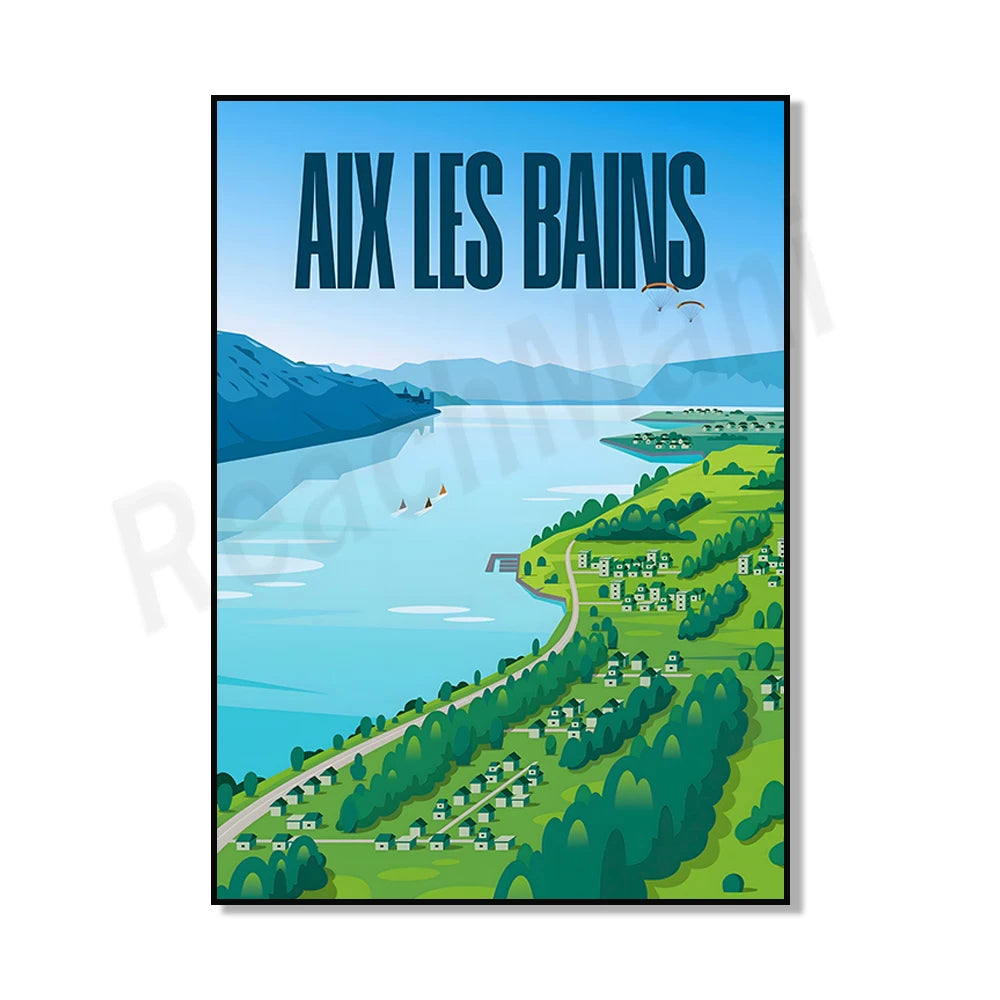 Paysage idyllique avec un lac bleu clair, des montagnes verdoyantes et des voiliers sur l'eau, avec un slogan français "Aix les Bains" affiché en grand au-dessus de la scène.