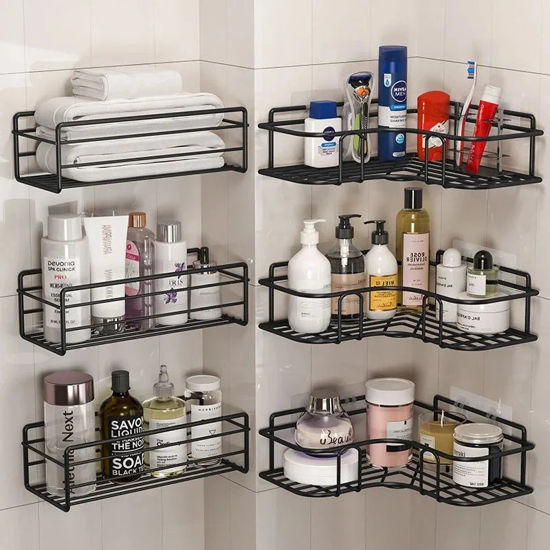 étagère salle bain murale adhésive métal noir grille moderne rangement produits toilette