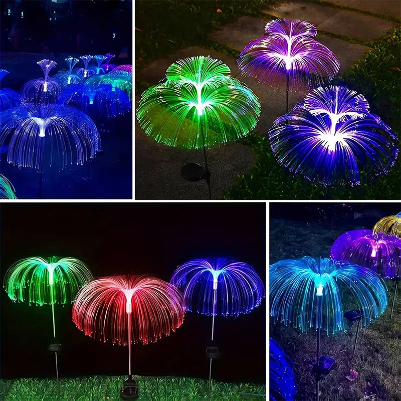 décoration extérieure moderne lampes solaires led violet jaune bleu vert fibres optiques gazon champignons