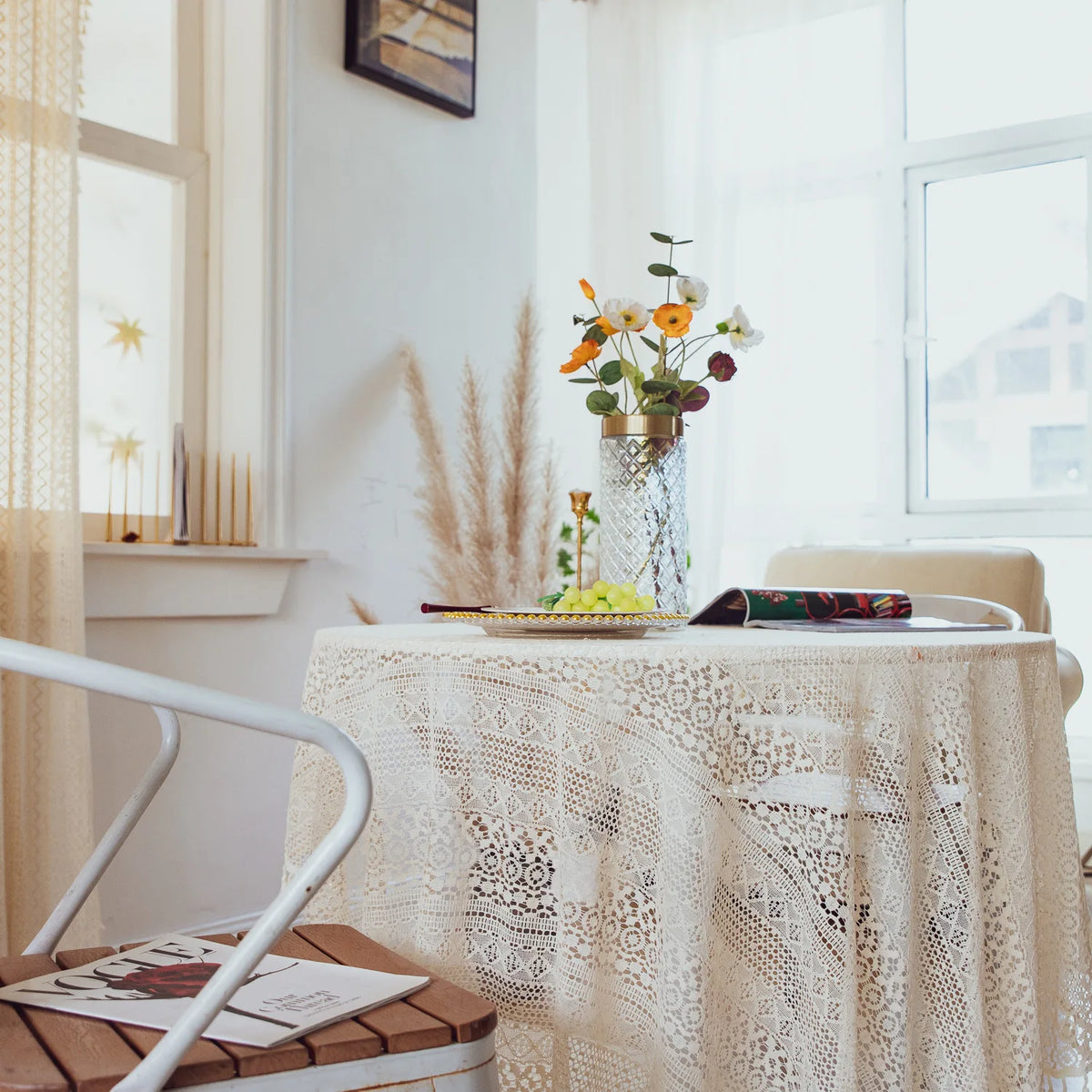 nappe table crochet pompons dentelle beige motifs floraux boho chic réutilisable coton table restaurantextérieur