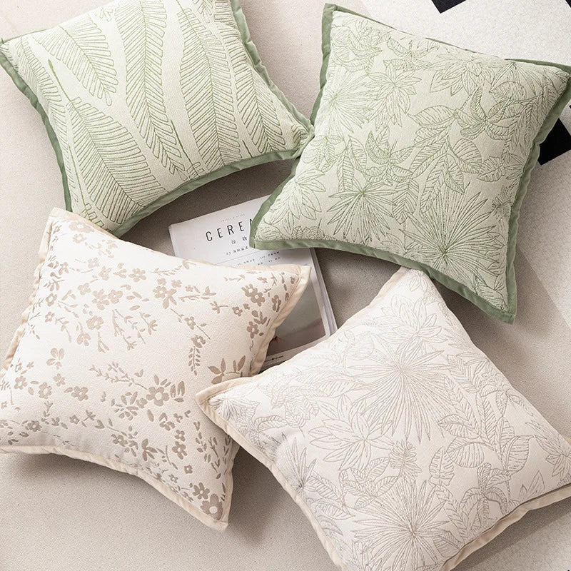 housse coussin carrée jacquard motif floral vert beige gris décoration salon chambre moderne chic