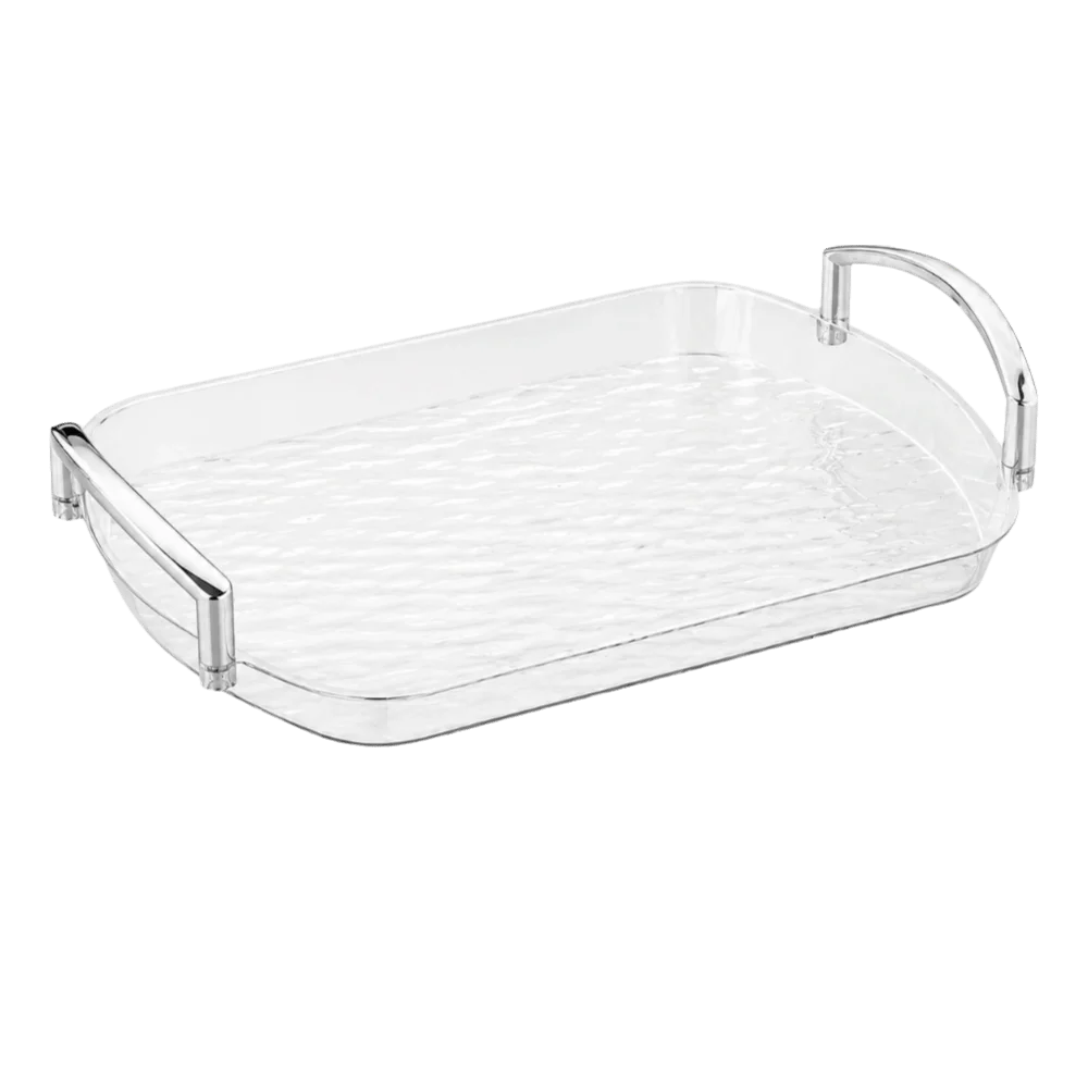 plateau rectangulaire moderne élégant poignées métalliques transparent doré texture marbrée bijoux parfums tasses