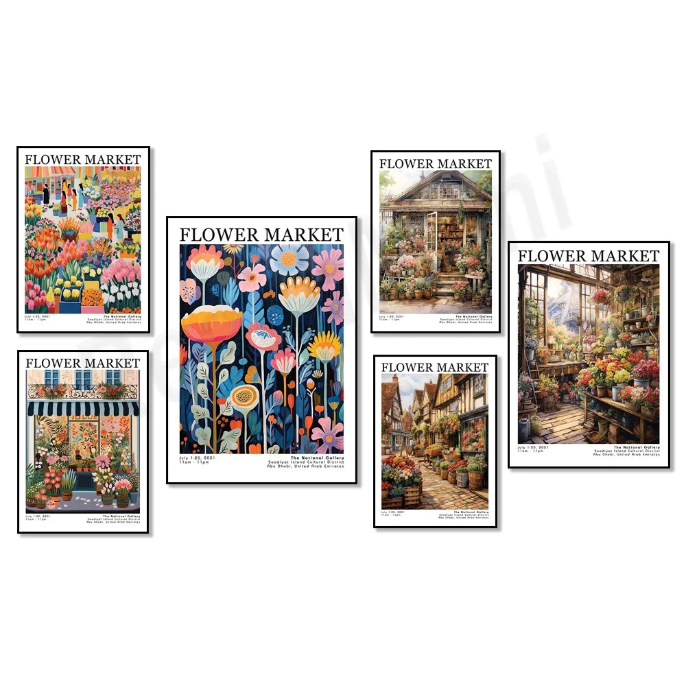 Affiches colorées de marchés aux fleurs montrant des compositions florales, des fleurs en pot et des boutiques de fleurs, créant une ambiance chaleureuse et bucolique.