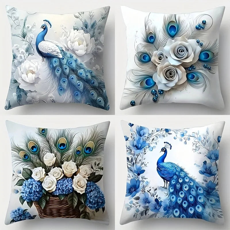 housse coussin motif paon fleurs bleu blanc decoration maison lit canape voiture 45x45cm opacité