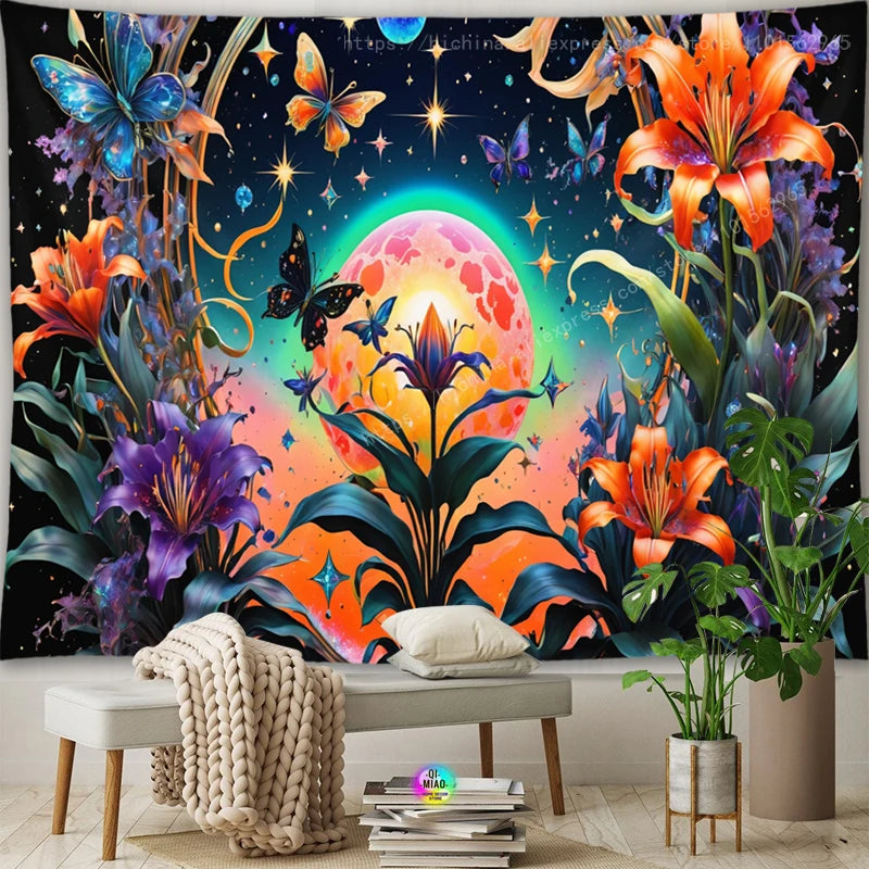 tapisserie murale paysage floral papillons fleurs océan décoration chambre salon tissu polyester multicolore grande