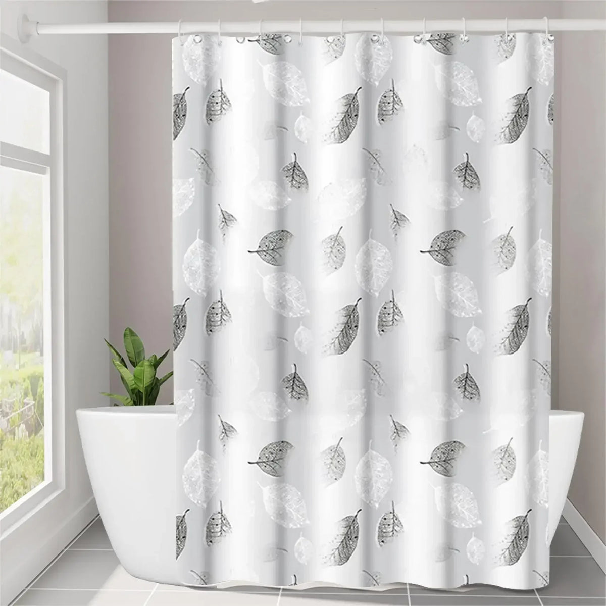 rideau douche moderne feuilles stylisées transparent blanc gris respectueux environnement crochets durables antirouille