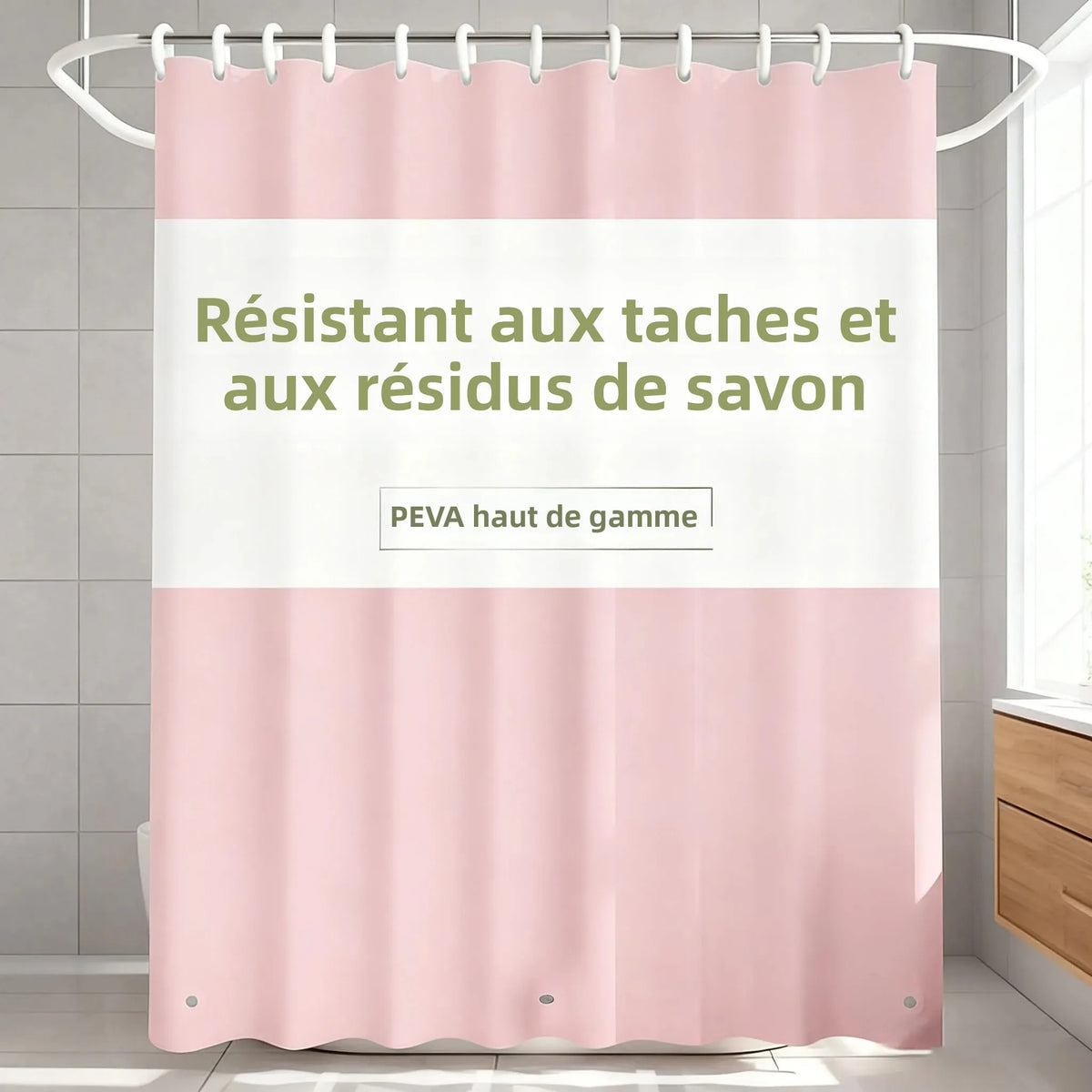 rideau douche moderne rose clair blanc beige aimants opacité crochet plastique salle bain