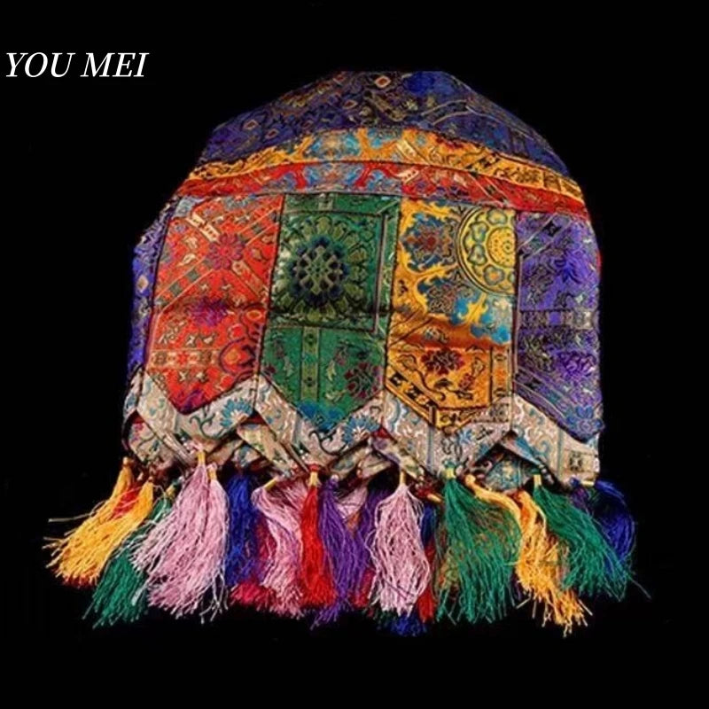 rideau multicolore brodé ethnique tissu fait main décor bouddhiste motifs floraux tassels