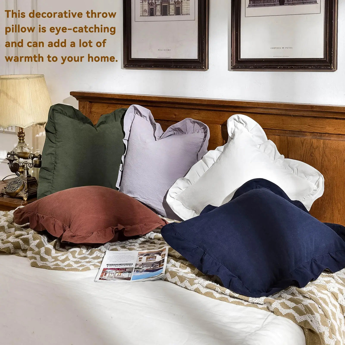 housses coussin coton couleur blanc vert bleu violet marron bords froncés texture tissu decoratif