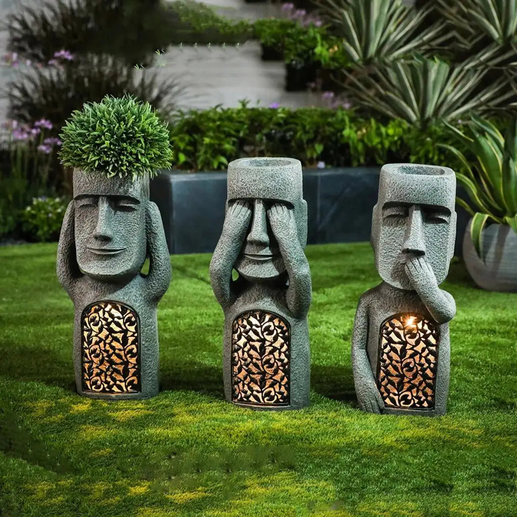 statues moai décoratives extérieures pots fleurs texture pierre motif floral gris noir