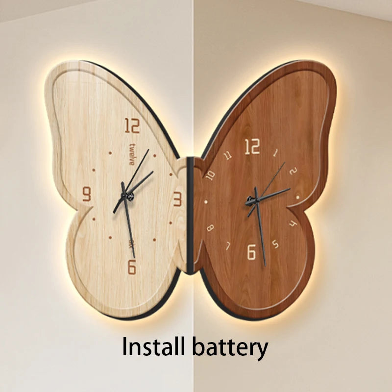 horloge murale moderne aiguille lumineuse papillon noir blanc salon résine