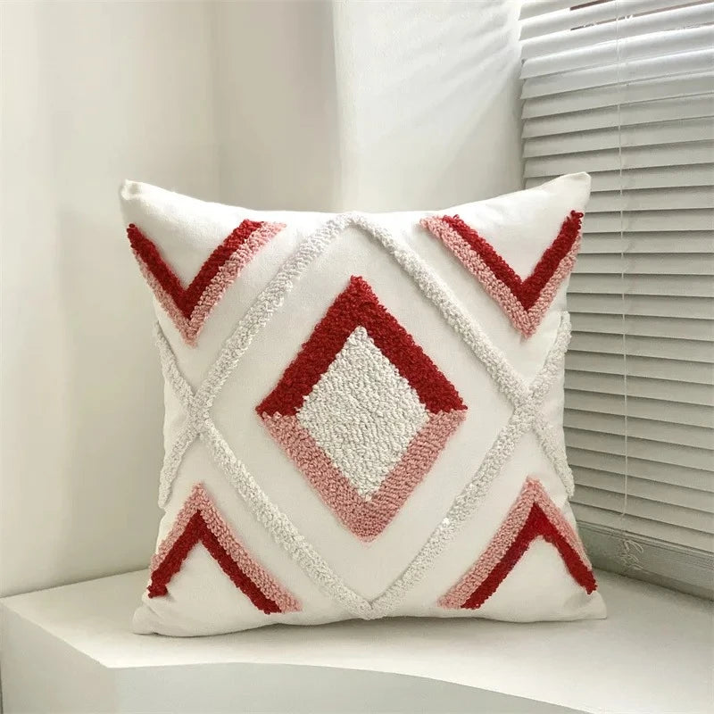 coussin brodé polyester moderne bohème motif géométrique blanc beige bleu gris marron 45x45cm