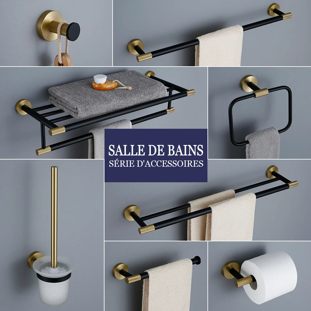 accessoires salle bains porte serviettes moderne porte savon noir doré texture moletée fixations élégants