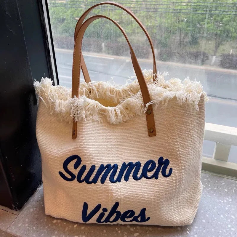 sac plage toile réutilisable pliable boho chic poignées cuir multiple usage femmes pique nique