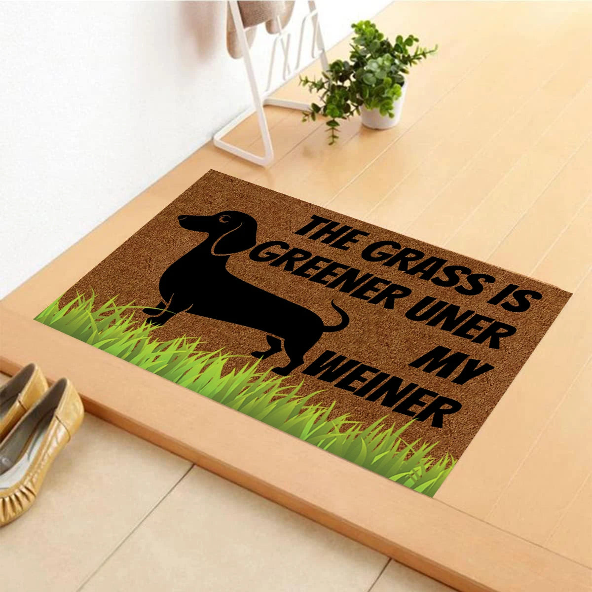 tapis d'entrée caoutchouc imperméable antidérapant silhouette chien humour herbe verte extérieur indoor